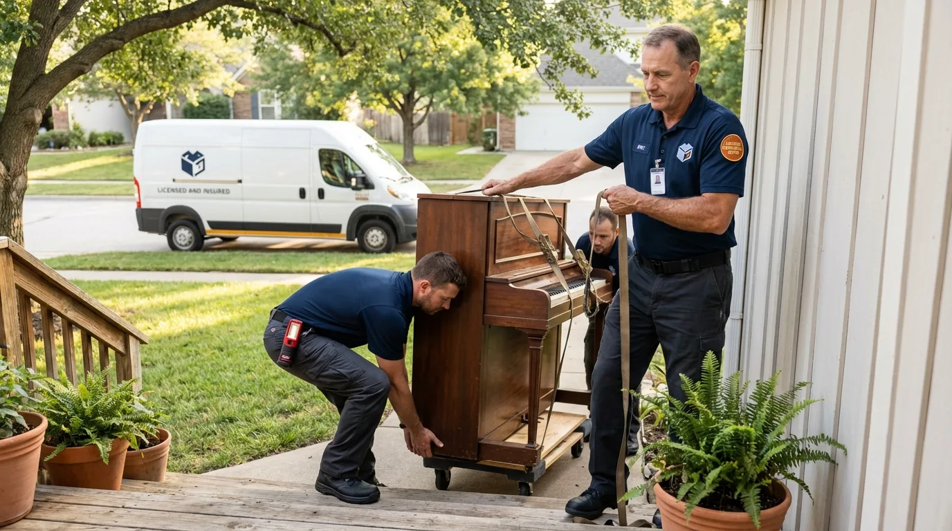 Licensed piano movers securing grand piano in Lamar, CO
