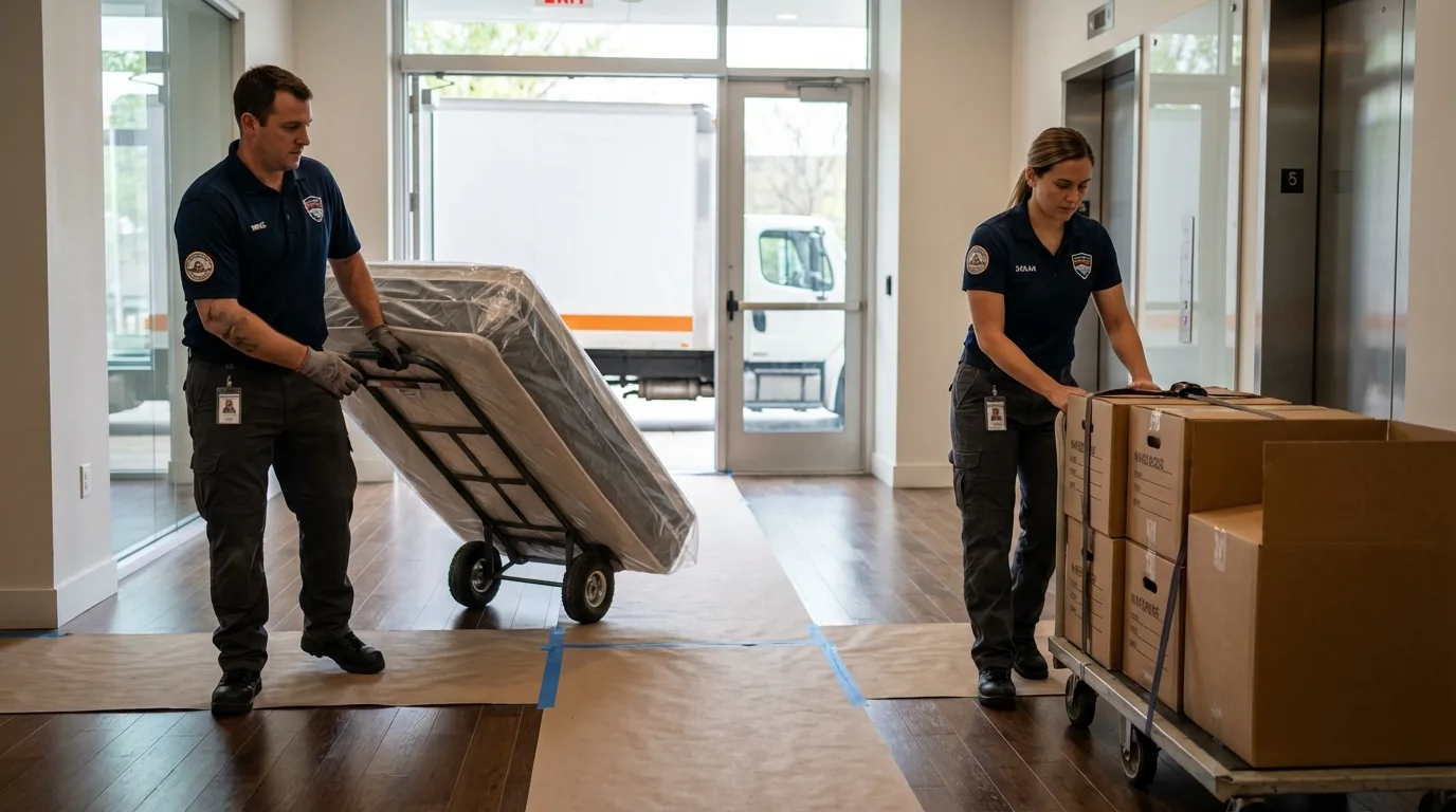 Professional apartment movers loading elevator in Lamar, CO
