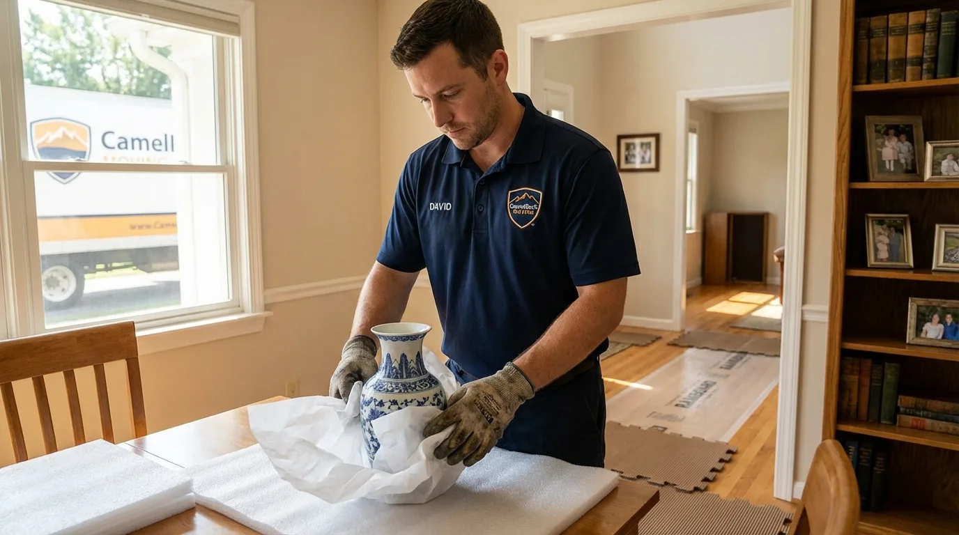 Professional crew carefully wrapping antique vase for senior downsizing move in Lamar, CO